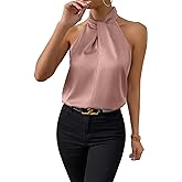 SweatyRocks Womens Elegant Twist Front Halter Sleeveless Satin Blouse Keyhole Back Tank Top