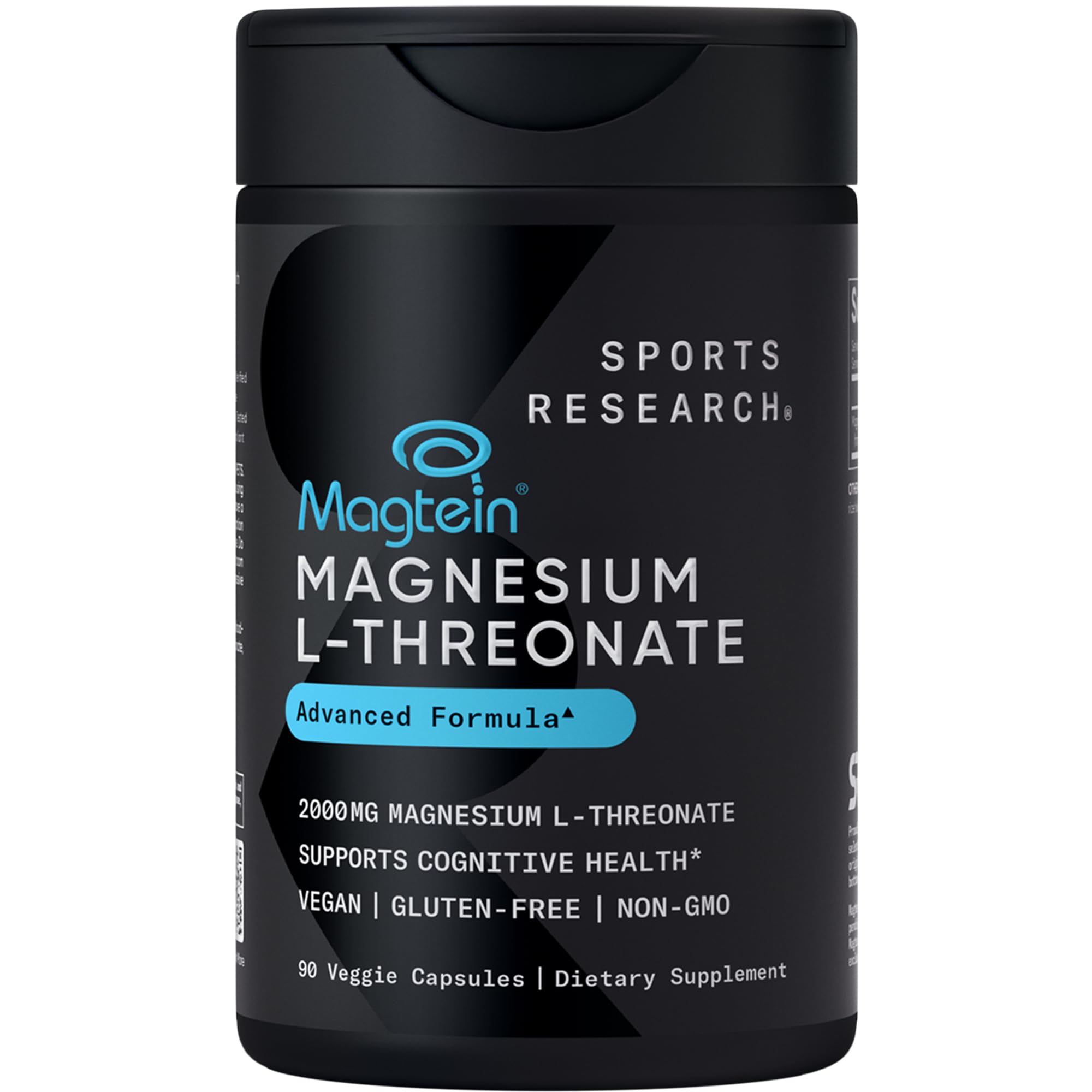 Sports Research Magtein Magnesium L-Threonate Capsules - Magnesium Supplement for Memory, Focus & Cognition - Magnesium L Threonate Supports Brain Health, Sleep & Mood - 2000mg, 90 Capsules for Adults