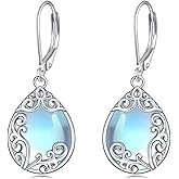 Filigree Earrings Sterling Silver Teardrop Moonstone Moss Agate Lapis Lazuli Larimar Emerald Peridot Opal Dangle Dangly Drop Leverback Earrings Boho Jewelry Gifts for Women