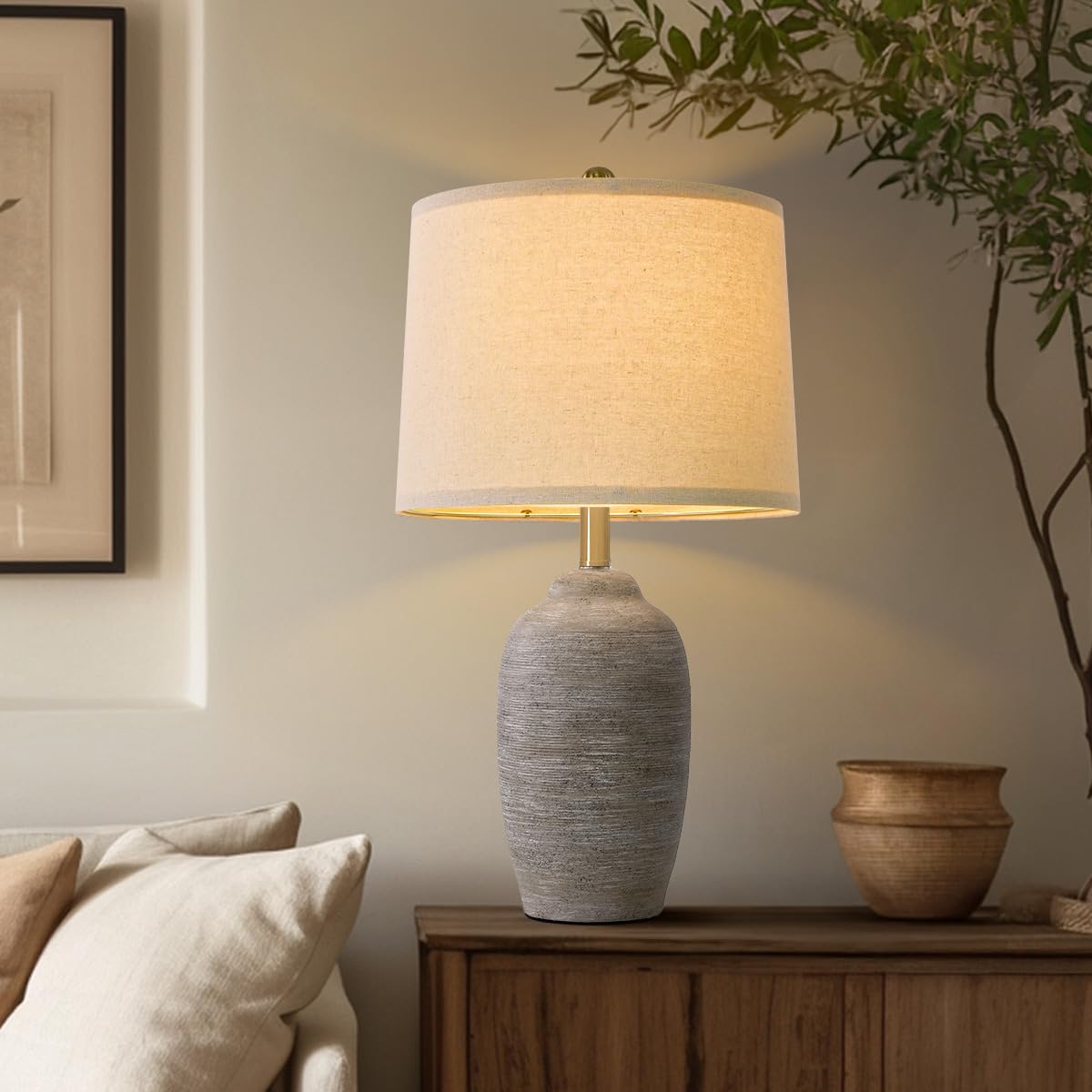 Photo 1 of USumkky 24.5" Handcrafted Ceramic Table Lamp - Single Farmhouse Vintage Rustic Bedside Lighting for Living Room, Bedroom, Entryway | Nightstand & End Table Decor with Linen Shade (Bulb Not Included)