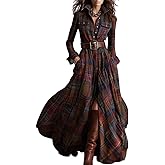 Women’s Plaid Maxi Shirt Dress – Long Sleeve Button Down Flannel Dress with Belt