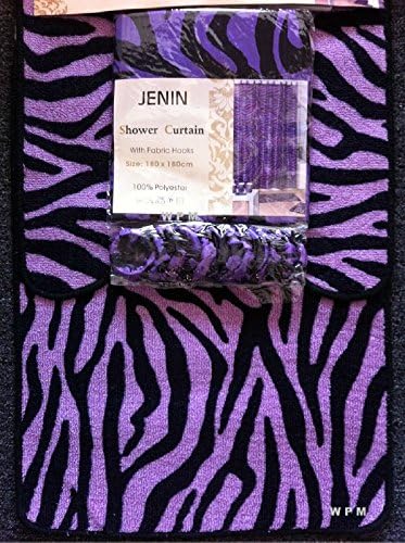 15 pc Bath rug set purple zebra animal print bathroom shower curtain mat/rings