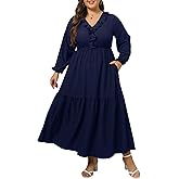Moon Wood Women's 2025 Plus Size Casual Dress V Neck Ruffle Long Sleeve Dress Maxi Dresses with Pockets