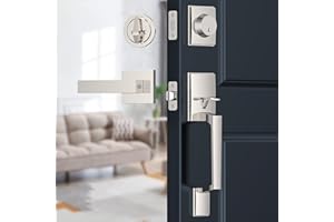 Brightify Satin Nickel Front Door Handle, Satin Nickel Door Handle with Door Lever, Front Door Handle Set, Adjustable Deadbolt Lock Set with Single Cylinder, Reversible for Right&Left