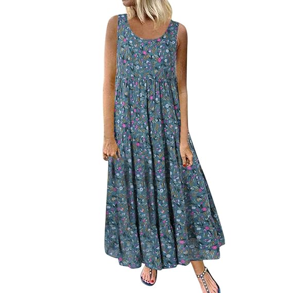 Wudube Femme Robe été Femme De Plage Rétro Robes Lin Robes Au Genoumaxi Robe Sans Manchesmanches Courte Uniefloral Imprimé Casual Tuniques Robe De