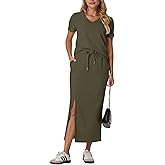 GRECERELLE Women Summer Casual 2 Piece Sets V-Neck Wrinkle-Free Top & Elastic Waist Midi Side Slit Skirt with Pockets