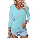 ORANDESIGNE Women's 3/4 Sleeves V Neck T Shirts Color Block Casual Summer Tops Fashion Loose Shirts Tees
