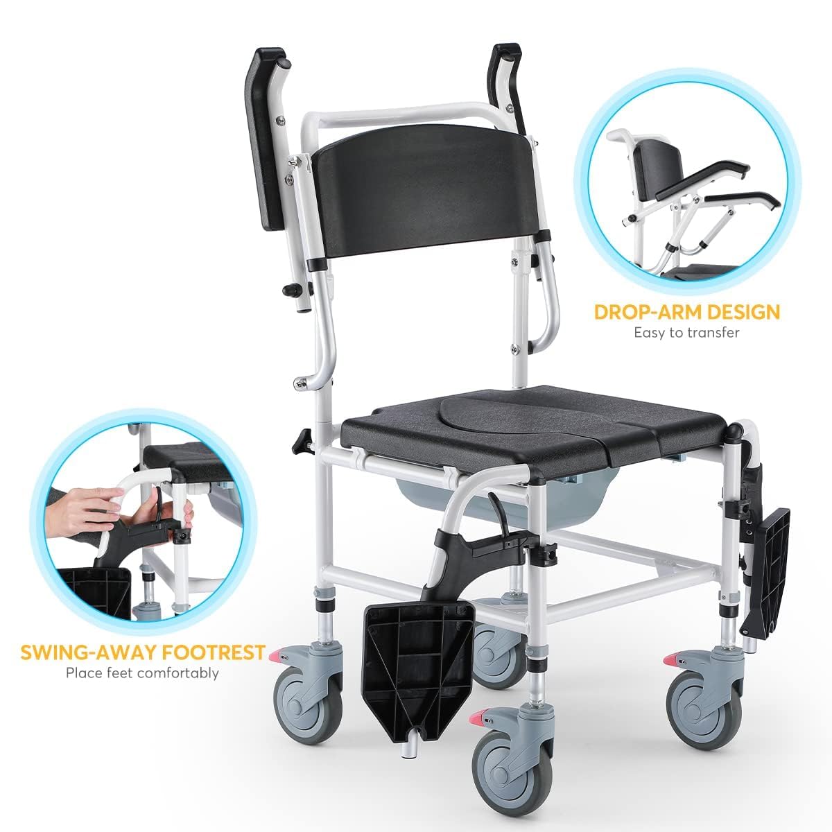 OasisSpace Shower Commode Wheelchair - 300LB Waterproof Shower Chair with Wheels, Rolling Shower Chair with Swing Away Footrests and Flip Back Arms for Elderly Adults Diasbled (FSA or HSA Eligible)