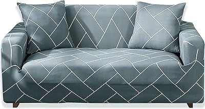 Teynewer 1-Piece Stretch Sofa Cover 3 Seater Grey Grid