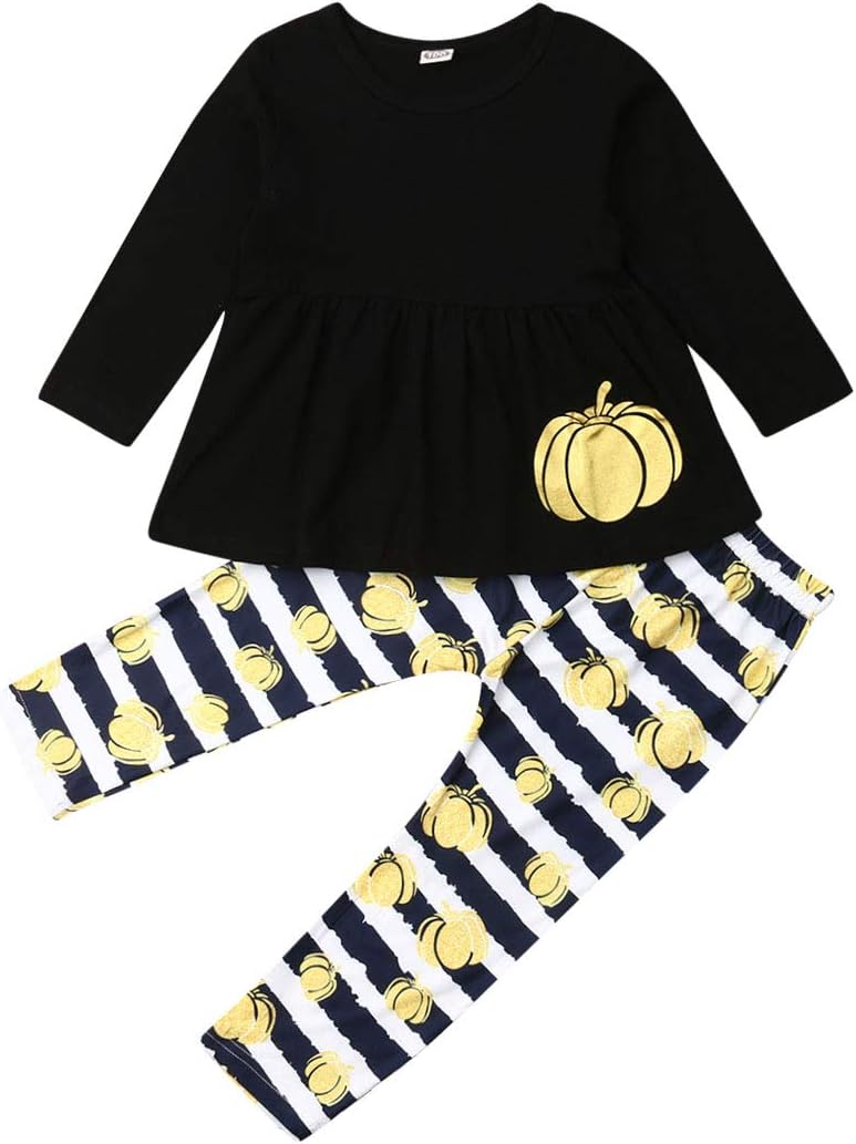 Halloween Outfit Kids Baby Girls Long Sleeve Tops Dress Striped Pumpkin Legging Pant Clothes