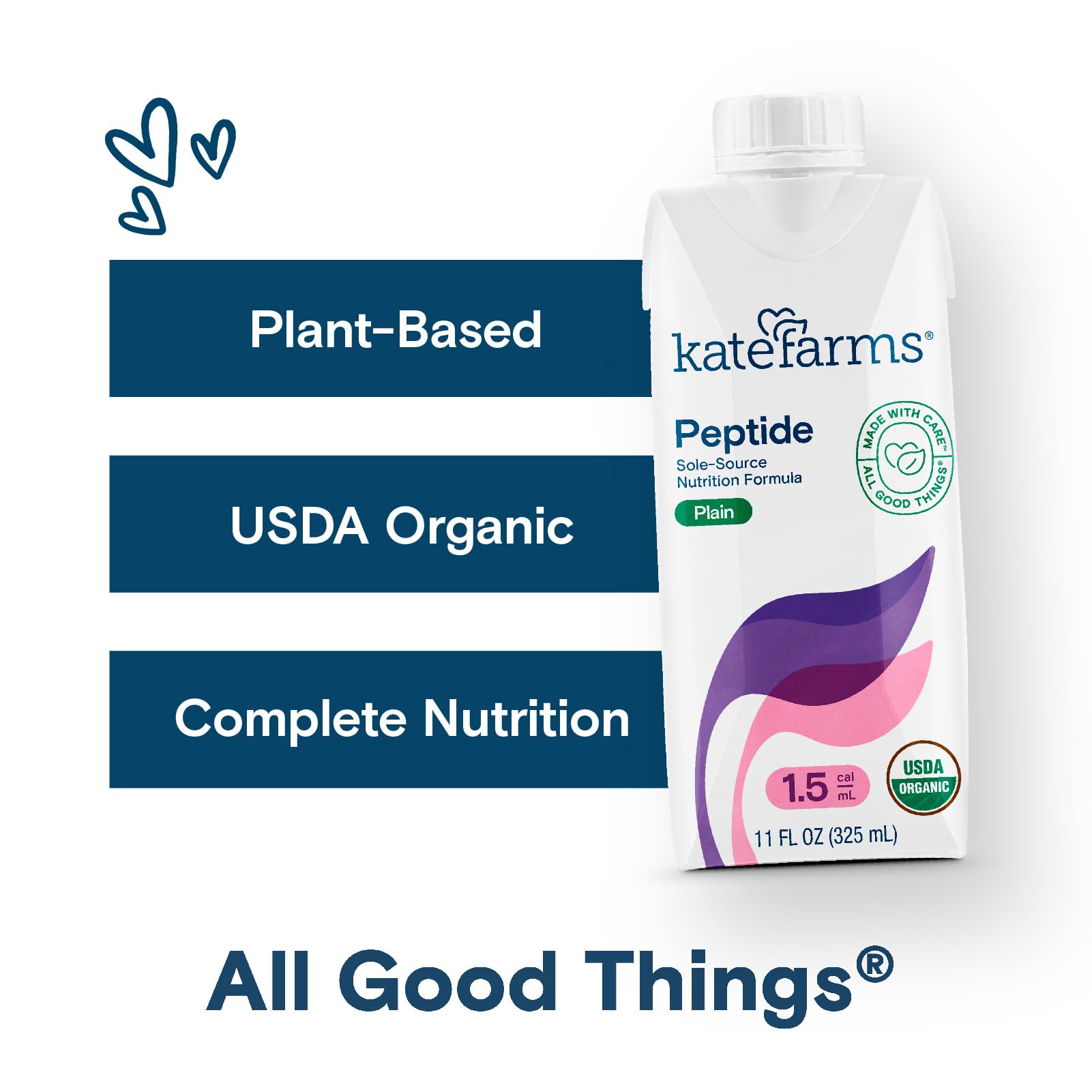 Kate Farms Organic Adult Peptide 1.5 Formula, Plain, Sole-Source, Hydrolyzed Plant-Based Nutrition for Oral or Tube Feeding, 11 Fl oz (12 Pack)