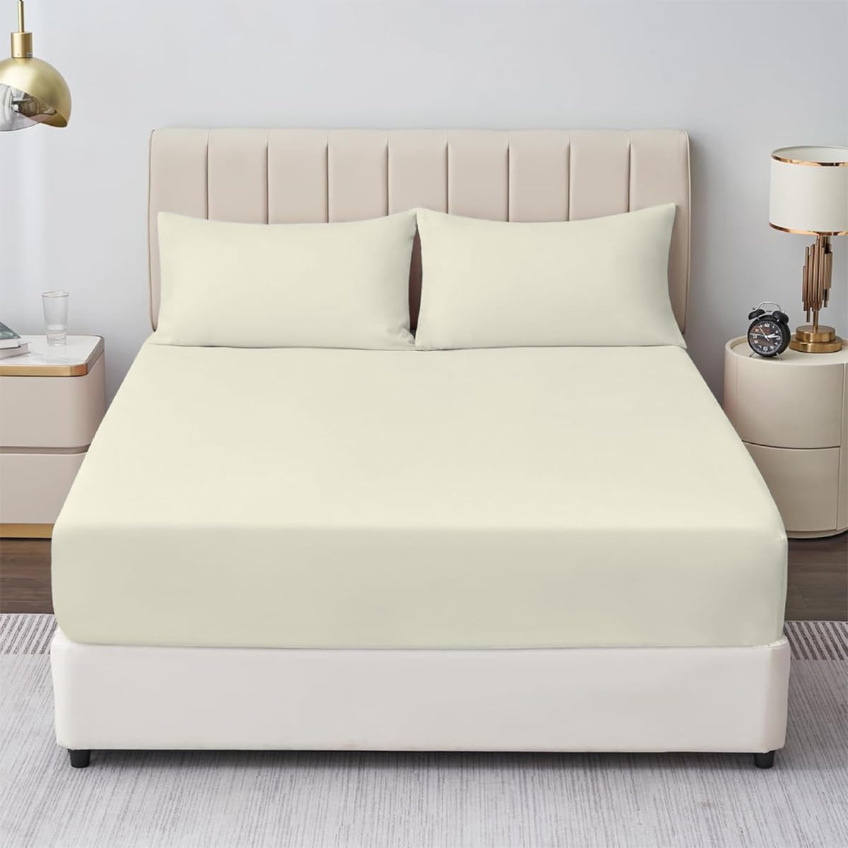 Rohi® Super King Fitted Sheet with Two Pillowcases – 25cm Depth – Pure Polycotton Plain Bedding (Super King Fitted Sheet & Pillowcases, Cream)