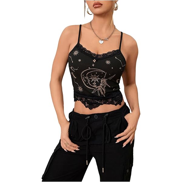 SOLY HUX Women's Ruched Lace Cami Top Drawstring Sleeveless