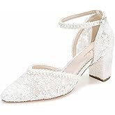 Bridaluxe 6186 Women’s Closed Toe Wedding Shoes 2.56 Inch Block Heel Lace Pearl Ankle Strap Bridal Heels Elegant Pumps