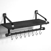 Love-KANKEI 17.3" Floating Wall Shelf Solid Wood/Bracket,Coffee Bar,Black | Spice Rack,Towel Bar/8 Hooks,40 Lbs/shelf,Easy to Install,For Kitchen,Bathroom,Living Room,Bedroom,Office,Entryway Display