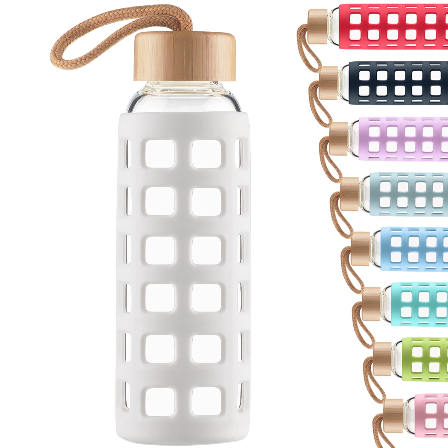 Cleesmil Sports Glass Water Bottle with Silicone Sleeve with Bamboo Lid BPA Free 660 ml (White)