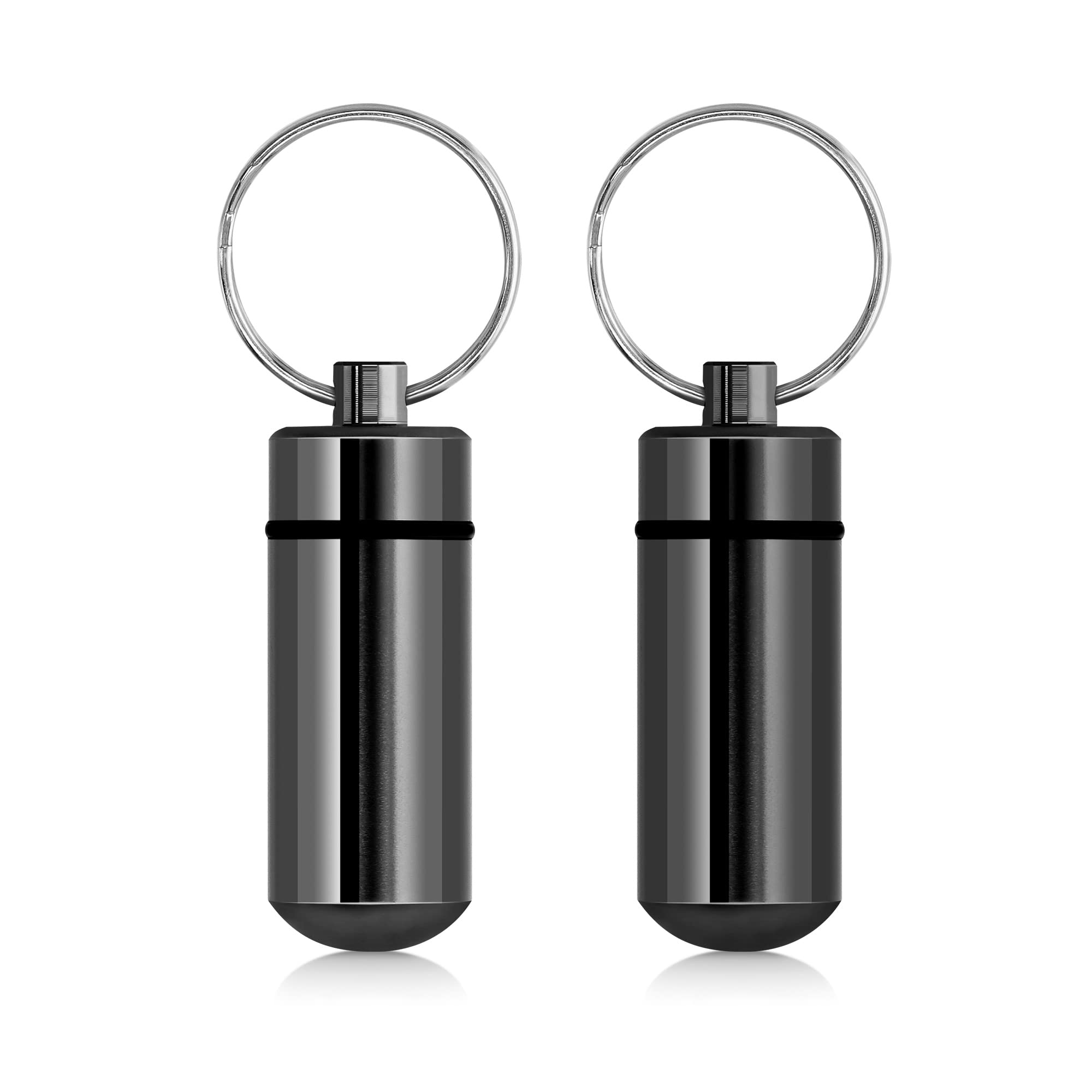 kwmobile Key Ring Pill Cases (Pack of 2) - Metal Keychain Mini Pill Case Holders Keyring Chain Portable Pills Container - Black