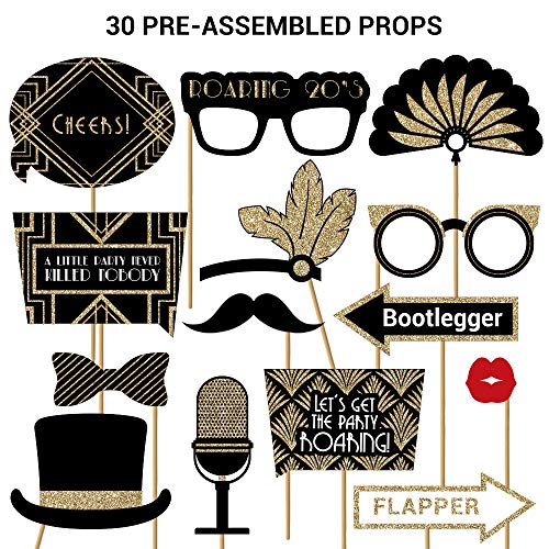 Roaring 20s Photo Booth Props | FULLY ASSEMBLED | New Years Eve Party Supplies 2020 | REAL GLITTER | Great Gatsby Party Decorations Gold | Vintage 1920s, Speakeasy, Prohibition, | NO DIY (30 Pieces)