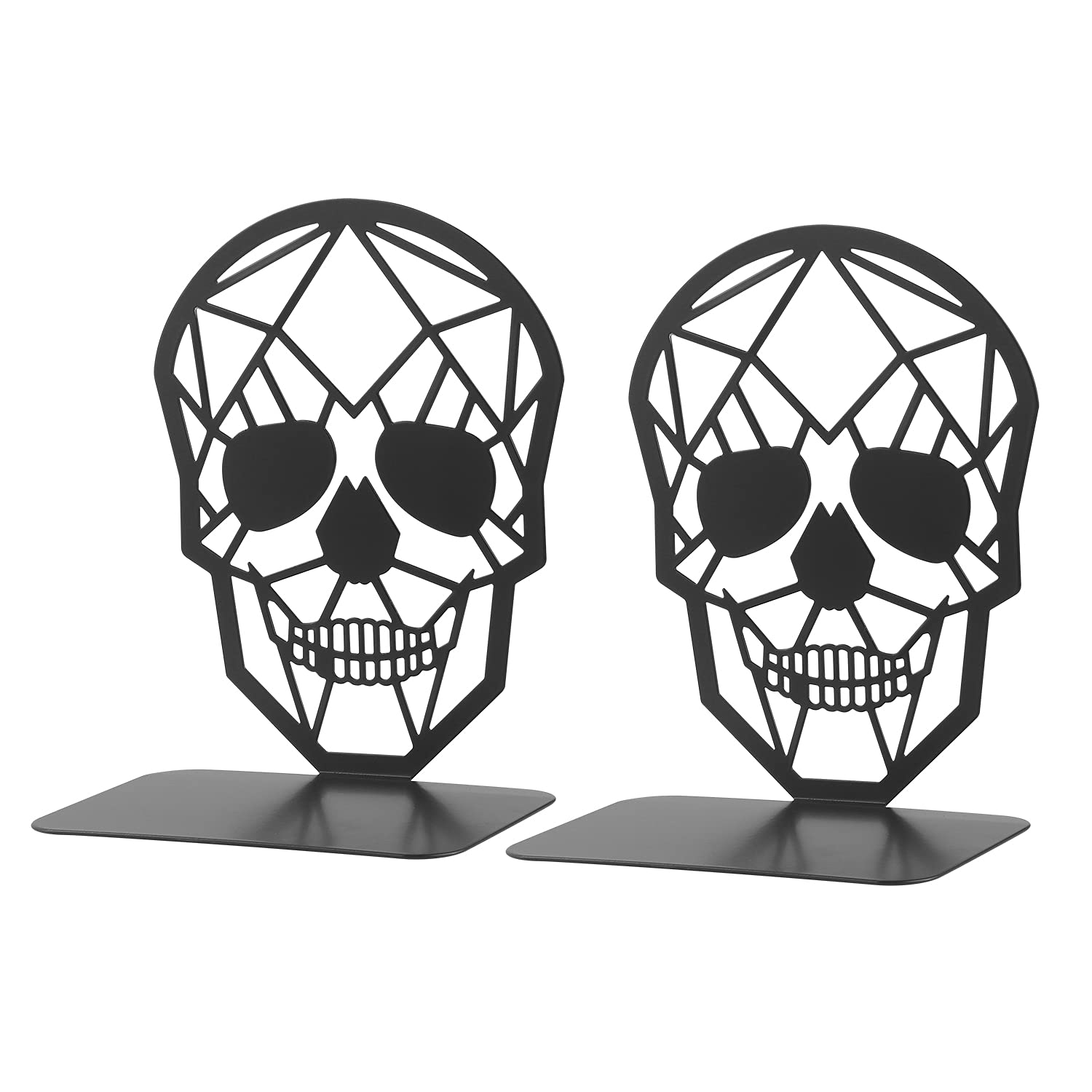 1 Pair Metal Bookends, MSDADA Book Ends for Shelves, Geometric Book Holder for Heavy Books, Decorative Skull Book Shelf Holder, Non-Skip Book Stoppers for Office, School, Home(Black)