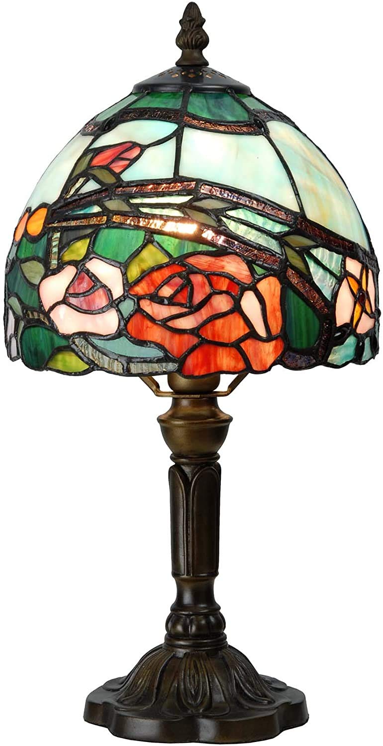 Bieye L30736 Rose Flower Tiffany Style Stained Glass Table Lamp with 8-inch Wide Lampshade, 15-inch Tall, Red