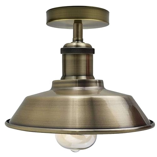 LEDSone Vintage Industrial Ceiling Light, Industrial Metal Lampshade Semi Flush Mount Mini Pendant Lighting for Farmhouse Porch Kitchen Bathroom (Green Brass)