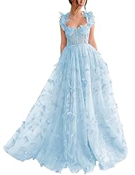YUAOHUANG Sky Blue Fairy 3D Butterfly Tulle Prom