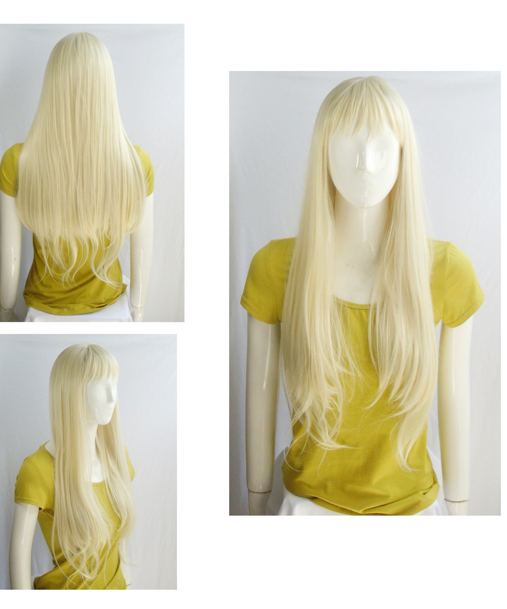 Namecute Bleach Blonde Wig 24 Inch Long Straight Wigs Bangs Full Cap Synthetic Natural Hair for Women , Free Wig Cap