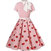 50s Style Dresses for Women Vintage Short Sleeve Tie Neck Swing Dress Midi Prom Dress with Belt