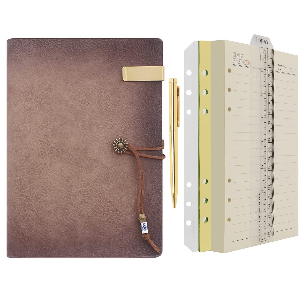 WONDERPOOL A5 Leather Diary Lined Paper Notebook & Pen - Refillable 6 Ring Binder Writing Spiral Journal with Ruled Notepads for Office Travel Work and Plan Agenda(a-Maroonpink, A5)