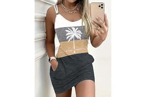 Women Coconut Tree Print Colorblock U-Neck Mini Tank Dresses Stretchy Fabric Breathable Chic Vacation Outfits