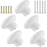 Qjaiune 5 PCS White Ceramic Round Knobs, Cute Cabinet Pulls for Kids | Glazed Ceramic, Smooth Cute Design, Includes Two Types Mounting Screws, 1-1/2 Mushroom Shape, For Dresser Wardrobe Cupboard