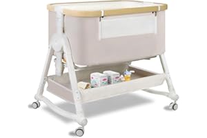 suihuooo 4 in 1 Baby Bassinet, Bassinet Bedside Sleeper with Wheels and Storage Basket, Adjustable 7 Heights Bedside Sleeper with Mosquito Net, Breathable Mesh Rocking Bassinet for Baby/Newborn