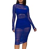 Sprifloral Women 3 Piece Outfits Sexy Crop Top Short Set Mesh See-Through Ruched Bodycon Midi Dress Clubwear