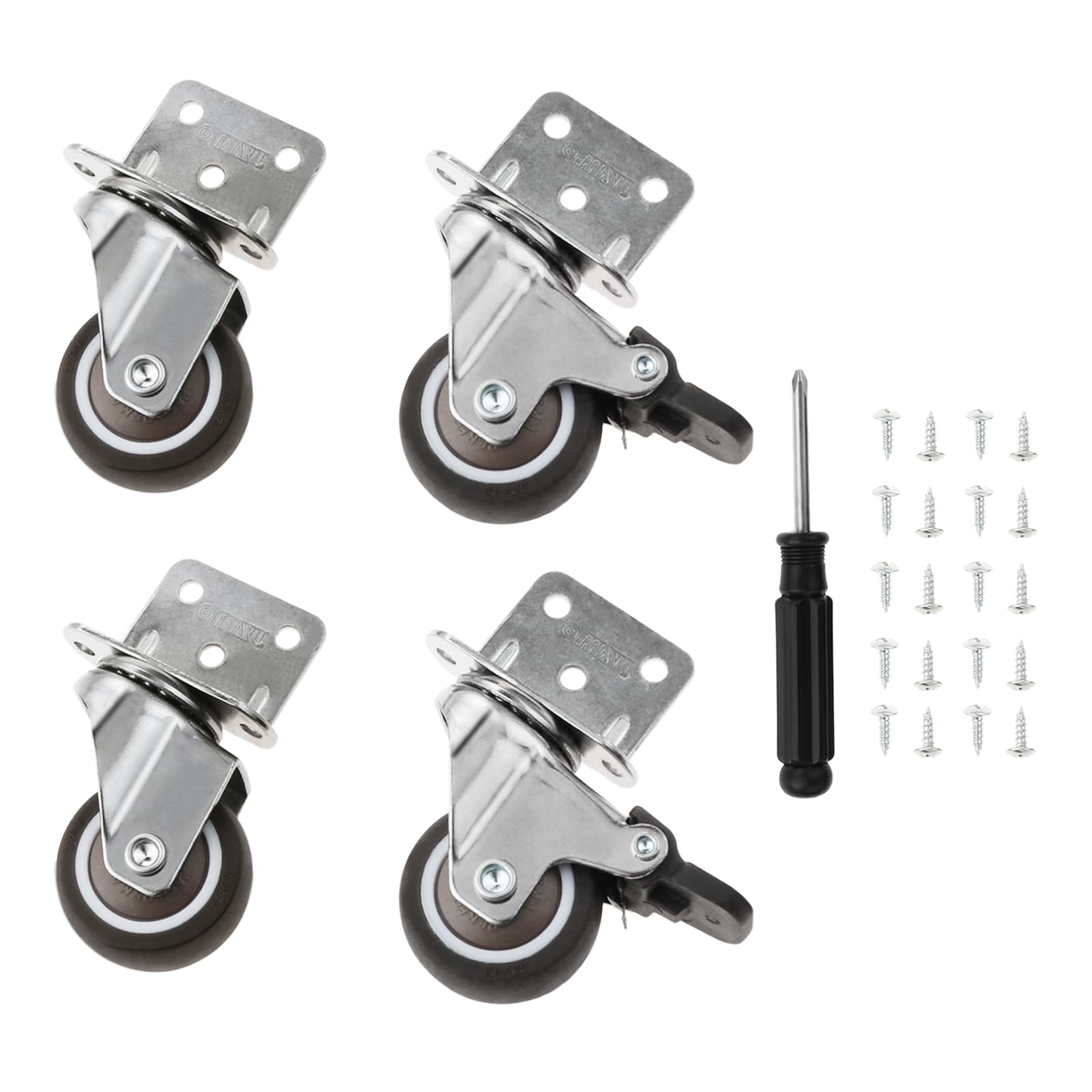 4Pcs Casters for Furniture - 38mm Swivel Castors Kit (2 with Brakes + 2 without Brakes), L-Shaped Heavy Duty Transport Castors with Screws and Screwdrivers for Flower Stand, Cupboard, Table, Chair