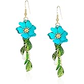 Just Follow Summer Beach Flower Tassel Earrings for Women Boho Long Flower Dangle Floral Petals Drop Earring for Statement Vacation With Green Leaf