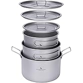 iBasingo Titanium Camping Pots Set with Lid Ultralight Cookware Ti2109C | Ultralight Backpacking Cooking Mess Kit with Folding Handle, Stackable Portable for Outdoor Hiking Picnics