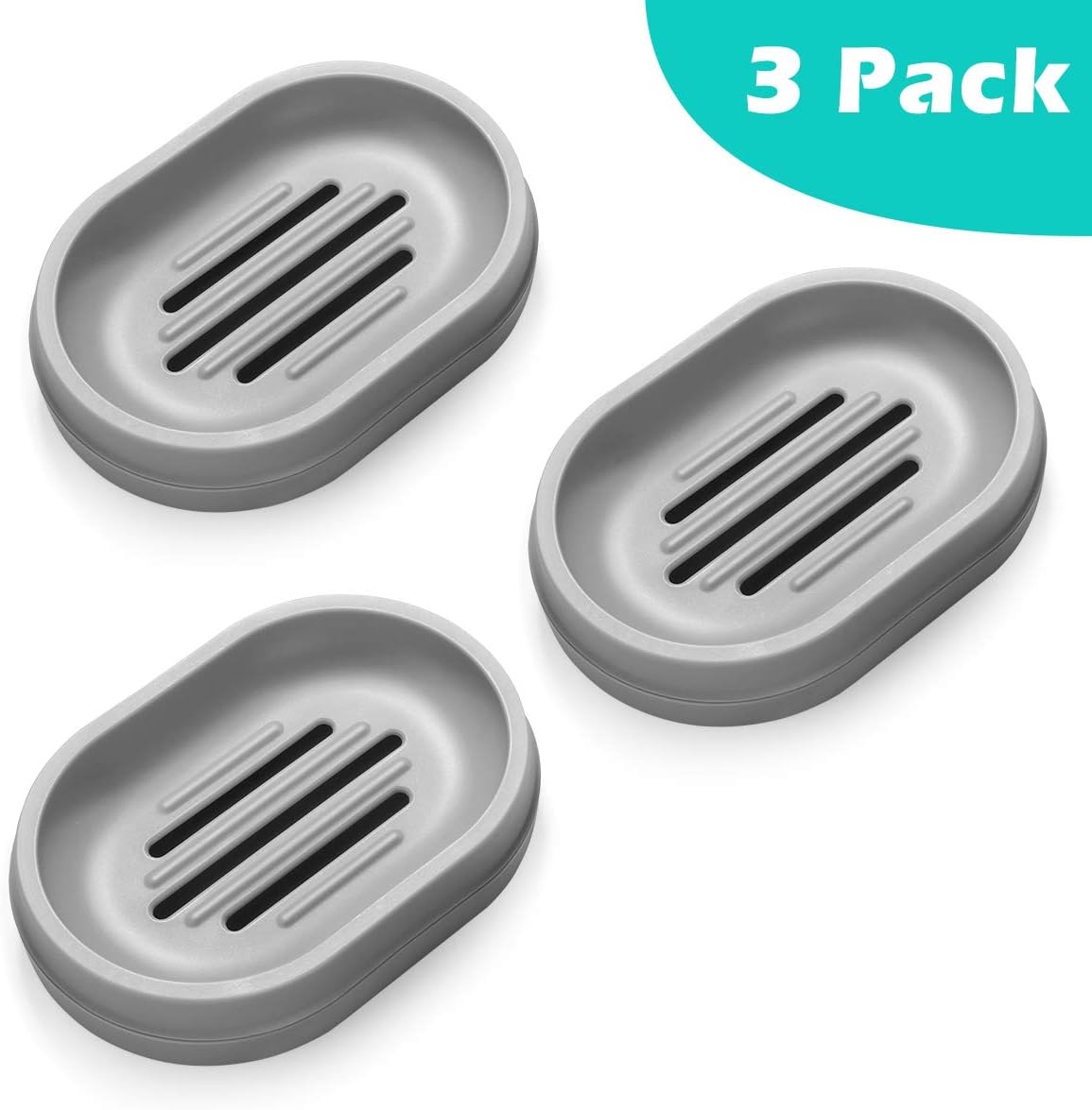Homemaxs Soap Dishes 3 Pack ,【2021 Newest】 Soap Bar Holder with Drainage Design,Double-Layer Soap Saver Lightweight Portable Easy Cleaning Soap Box for Bathroom Shower Kitchen Washing Room（Grey）: Kitchen & Dining