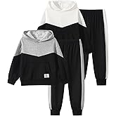 Fdqin Boys Hooded Pants Set 4 Piece Colorblock Sweatshirt and Jogger Pants Pullover Sweatsuit Fall Winter Outfits 4-12 Years