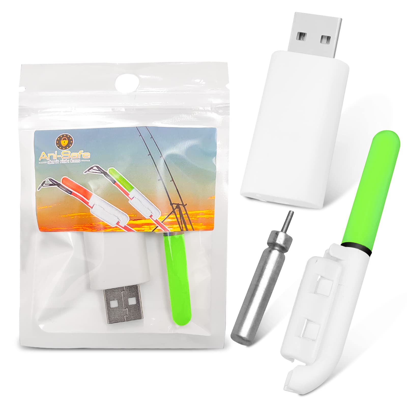 ANI-Safe Green Beach Casting LED Rechargeable Fishing Rod Tip Light, cod, carp, sea, Course, Pike, CR425 and USB Charger Green, Glow Stick bite Indicator, Clip on, Removable