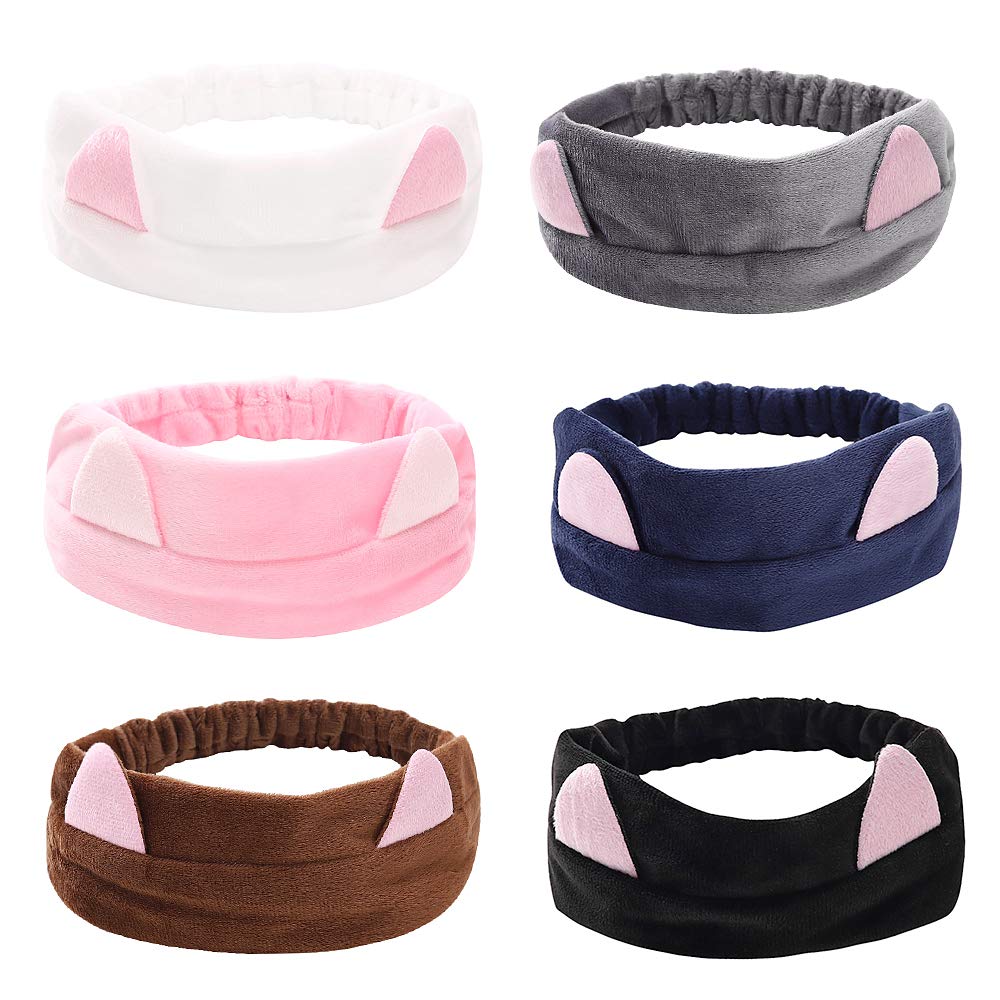 Velvet Cat Ear Headbands Elastic Soft Head Bands Comfortable Lovely Hairbands Makeup Head Wrap Sport SPA Headband for Women Ladies (6 PCS)