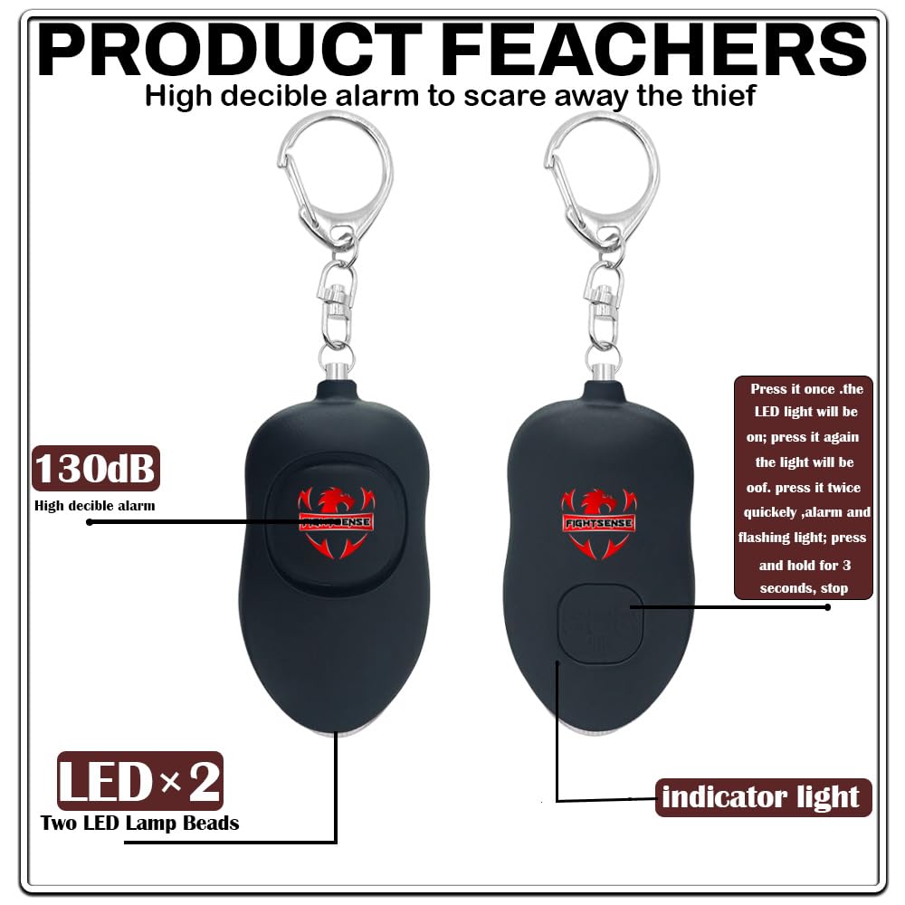 Fightsense Personal Alarm Keychain with Snap Hook, 130dB Siren Safety Alarm for Women LED Light (300m Audible) (Black)
