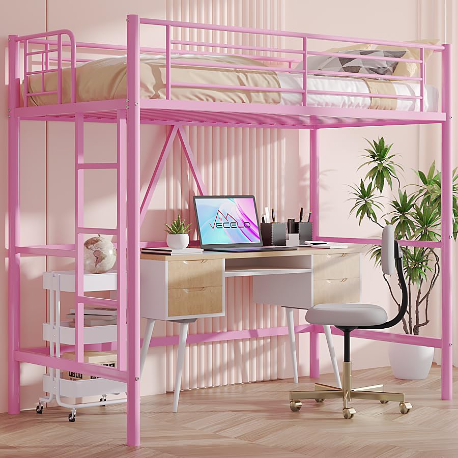 Photo 1 of *** USED/UNKNOWN MISSING PARTS AND HARDWARE***VECELO Loft Bed Twin Size, Metal Bedframe with Removable Ladder and Safety Guardrail, No Box Spring Needed, Space Saving, Noise Free, Light Pink