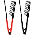 2 Pieces Flat Straightening Comb Salon Hair Brush Comb Hairdressing Styling Straightener V-shaped Straight Straightener(Red, Black)