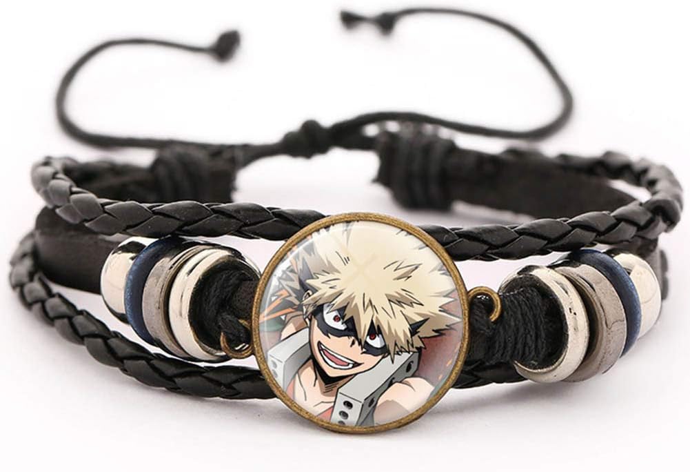 ForUBeauty My Hero Academia Bracelet (Boku no Hero Academia), Izuku Midoriya Todoroki Shoto Katsuki Bakugou Black Leather Vintage Woven Bracelet