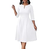 Nmoder Midi Dresses for Women - Semi Formal Fit and Flare 3/4 Sleeve V Neck A-Line Cocktail Church Work Dress with Pockets
