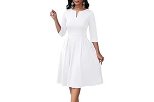 Nmoder Midi Dresses for Women - Semi Formal Fit and Flare 3/4 Sleeve V Neck A-Line Cocktail Church Work Dress with Pockets