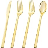 Rubtlamp 180 Pcs Gold Plastic Silverware - Disposable Plastic Utensils - Heavy Duty Plastic Forks And Spoons - Gold Plastic Cutlery Set Include 60 Forks, 60 Knives And 60 Spoons for Party&Wedding