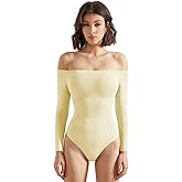 SUUKSESS Women Off the Shoulder Long Sleeve Bodysuit Double Lined Thong Bodysuit