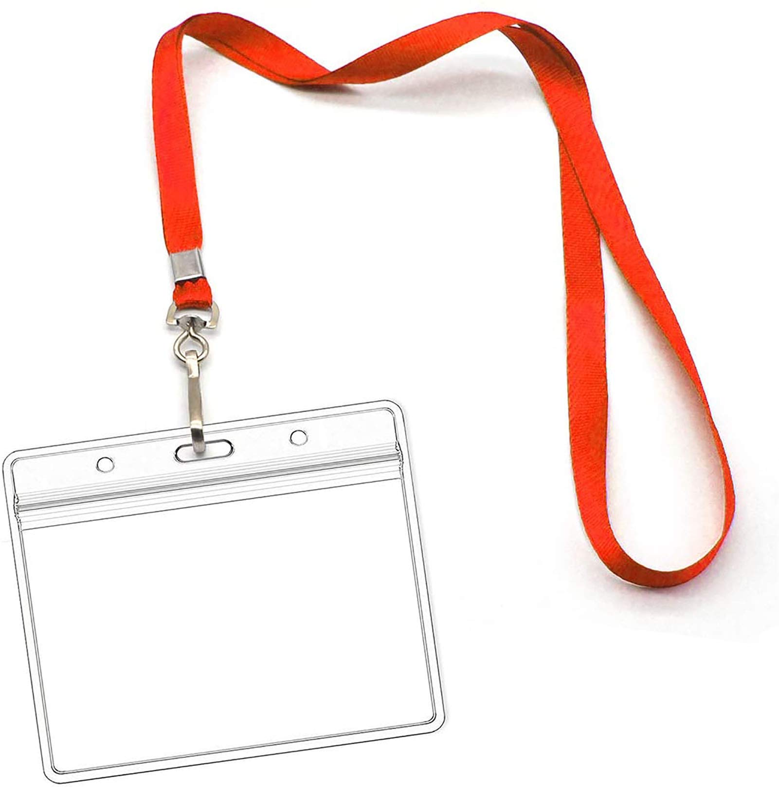 Name tag Badge Holders with Neck Red Lanyard Swivel J-Hook Clip Waterproof Nametags Protectors Nurse School Kids 50 Pack (Horizontal)