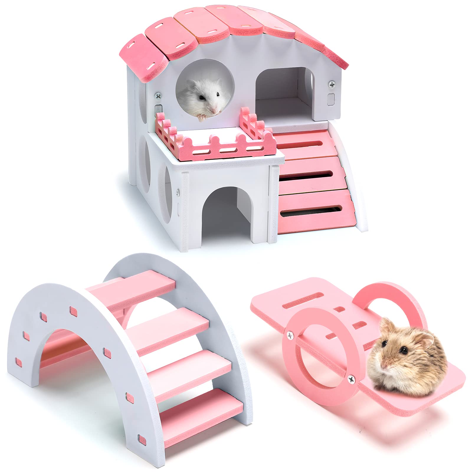 Photo 1 of 3 Pieces Fun Hamster Toys Guinea Pig Hideout Include PVC Hamster House, Rainbow Bridge, Seesaw Toy DIY Exercise Play Toys for Rats Mouse Small Animals(Small,Pink)